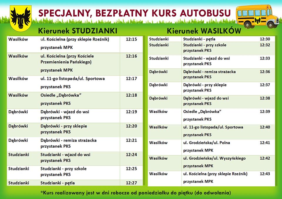 Specjalny, bezpłatny kurs autobusu Studzianki – Dąbrówki – Wasilków